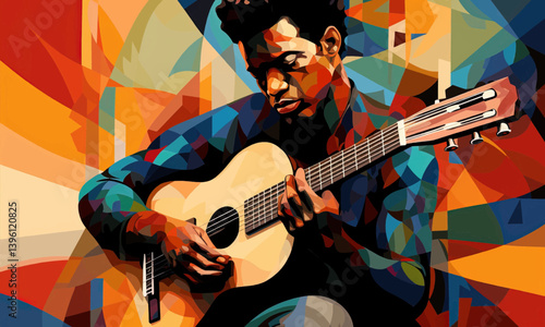 Afro-American male musician guitarist playing a guitar in an abstract cubist style painting for a poster or flyer