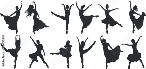 A collection of dancer silhouettes showcasing various dance poses and movements in elegant styles.