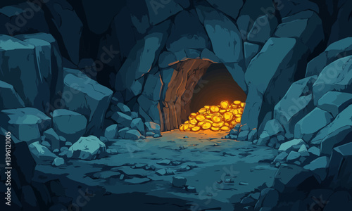 Obraz na płótnie A 2D cartoon game background of a mining quarry landscape, highlighting a copper ore mine tunnel, a cave entrance with glowing gold pieces w salonie