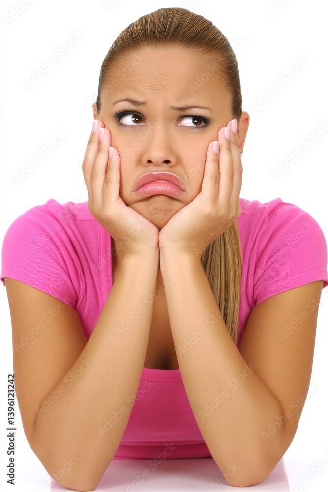 Thoughtful young caucasian female with pensive expression in pink shirt Thoughtful young caucasian female with pensive expression in pink shirt