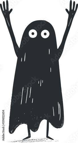 A playful cartoon ghost character with a happy expression and hands raised in excitement.