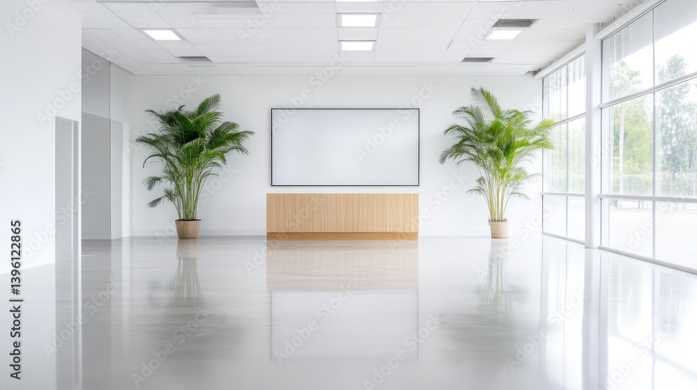 Modern, bright office space with large windows and a blank presentation board Modern, bright office space with large windows and a blank presentation board