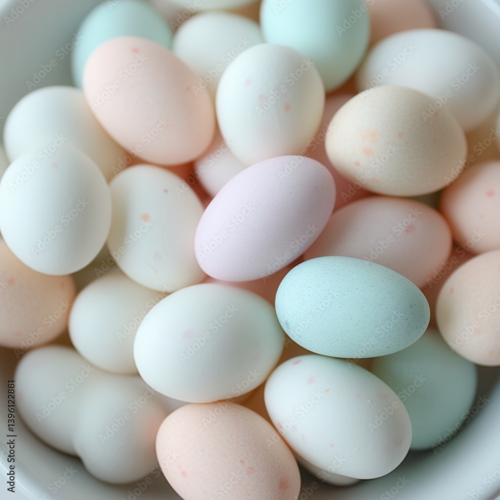 A vibrant bowl filled with pastel-colored eggs for Easter celebrations. A vibrant bowl filled with pastel-colored eggs for Easter celebrations.