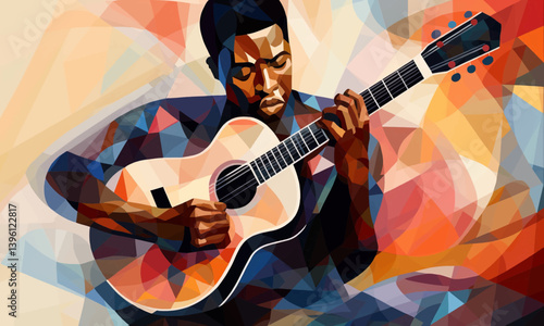 Afro-American male musician guitarist playing a guitar in an abstract cubist style painting for a poster or flyer