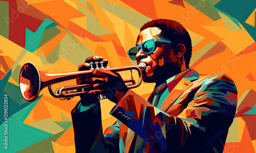Afro-American male jazz musician trumpeter playing a brass trumpet in an abstract cubist style painting for a poster or flyer