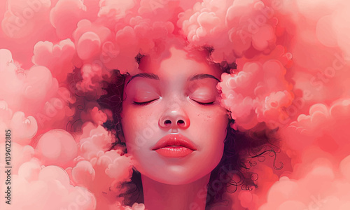 illustration of sensual female with hair made of cloud closing eyes on pink background