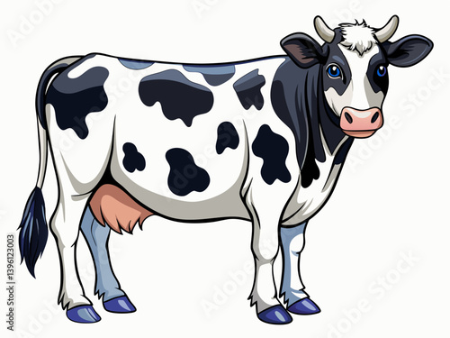 A vector illustration of a Holstein cow with black and white spots, isolated on a white background
