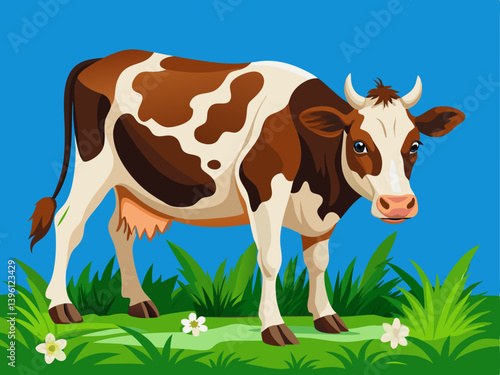 A professional vector of a dairy cow grazing in a meadow, placed on a solid blue background
