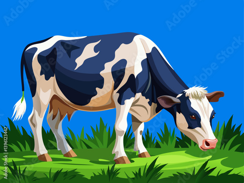 A professional vector of a dairy cow grazing in a meadow, placed on a solid blue background