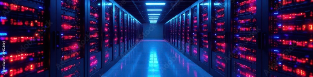 Sleek server room, glowing data nodes Efficient data center , blue, innovation Sleek server room, glowing data nodes Efficient data center , blue, innovation