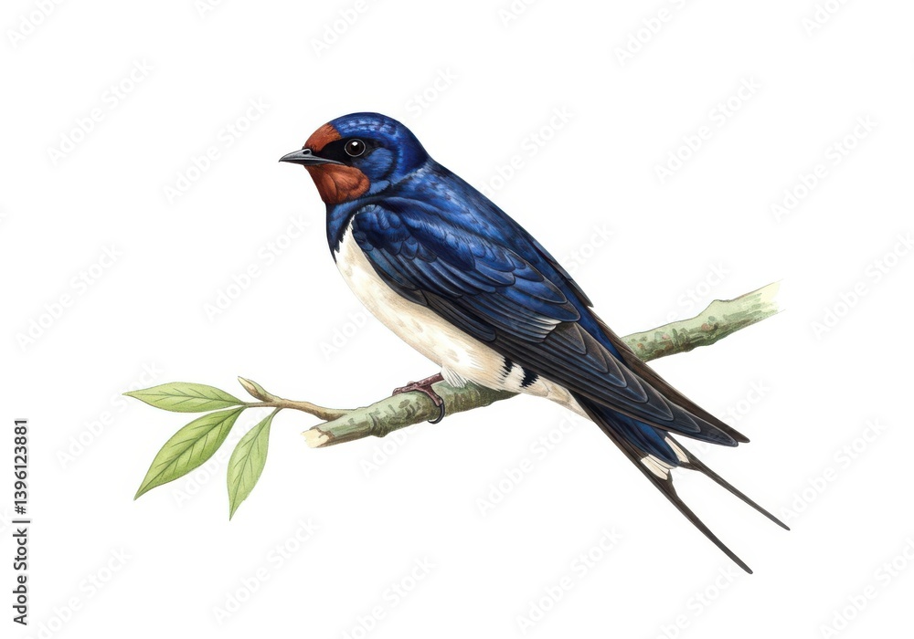 Beautiful barn swallow perched on a branch illustration isolated on white background Beautiful barn swallow perched on a branch illustration isolated on white background