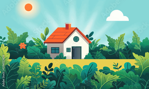 eco-friendly construction and sustainable homes. A house situated on a lush green lawn with sunlight falling on it.