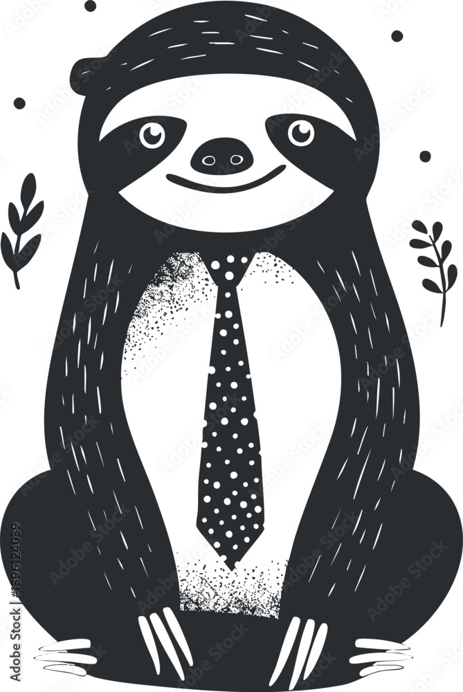 Obraz premium Cute cartoon sloth character wearing a tie surrounded by leaves and playful elements.