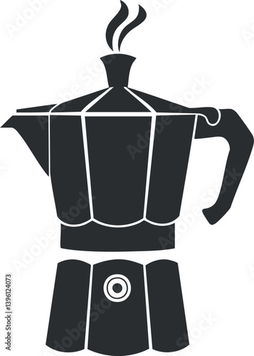 Stylized illustration of a moka pot coffee maker with steam rising from the spout.