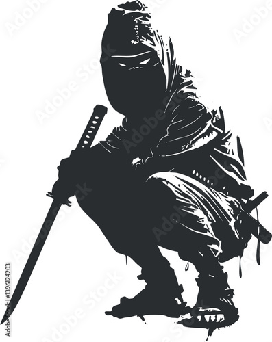 A dramatic silhouette of a ninja in a crouching position with a sword ready for action.