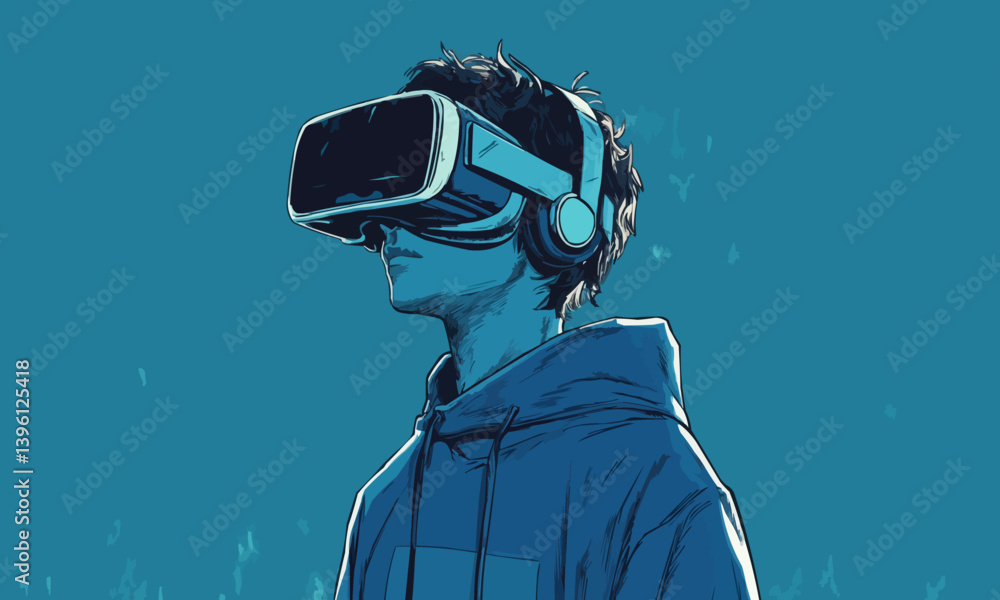 A boy in a blue hoodie is wearing a virtual reality headset