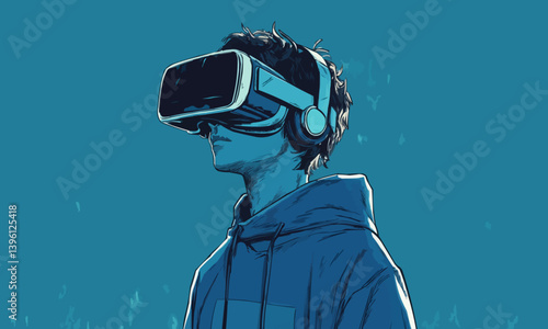 Obraz na płótnie A boy in a blue hoodie is wearing a virtual reality headset w salonie