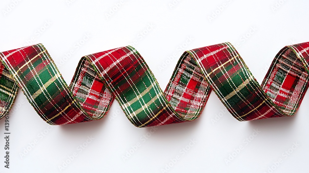 Classic Christmas plaid ribbon curling a white background vibrant red and green patterns contrasting beautifully Classic Christmas plaid ribbon curling a white background vibrant red and green patterns contrasting beautifully