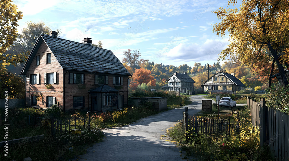 Autumn Village Scene With Pixelated Houses Autumn Village Scene With Pixelated Houses