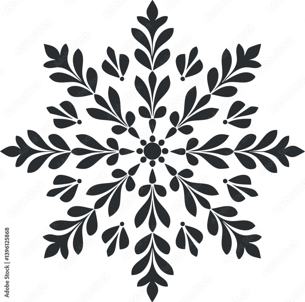 Obraz premium A decorative black snowflake design featuring intricate floral patterns and symmetrical shapes.
