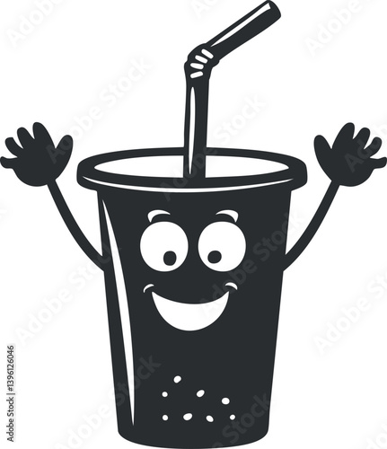 A cheerful cartoon drink character with a straw and smiling face in black and white.