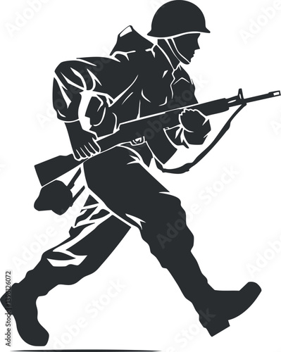 A dynamic silhouette of a soldier in action, representing military strength and bravery.