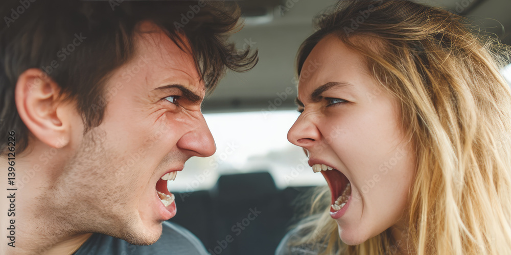 Man and a woman are fighting and yelling at each other in a car. Danger of accident, marital conflict while driving Man and a woman are fighting and yelling at each other in a car. Danger of accident, marital conflict while driving