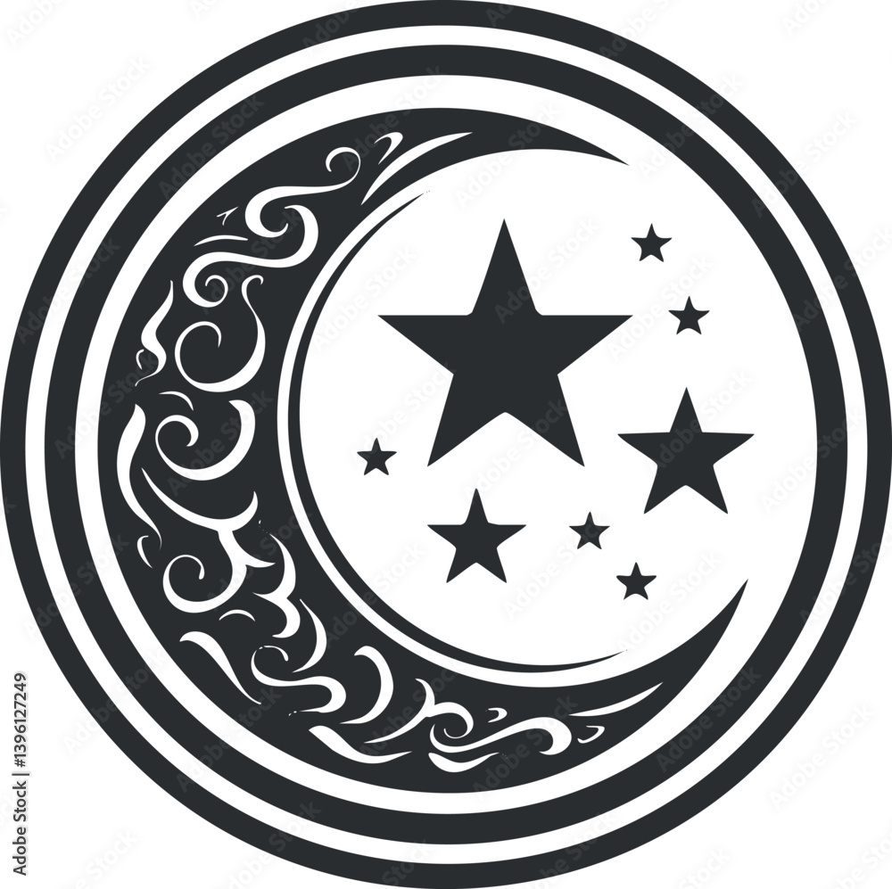 A decorative design featuring a crescent moon and stars in an intricate pattern. A decorative design featuring a crescent moon and stars in an intricate pattern.
