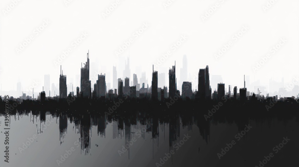 Fototapeta premium Cityscape silhouette reflected in water, hazy background, urban design