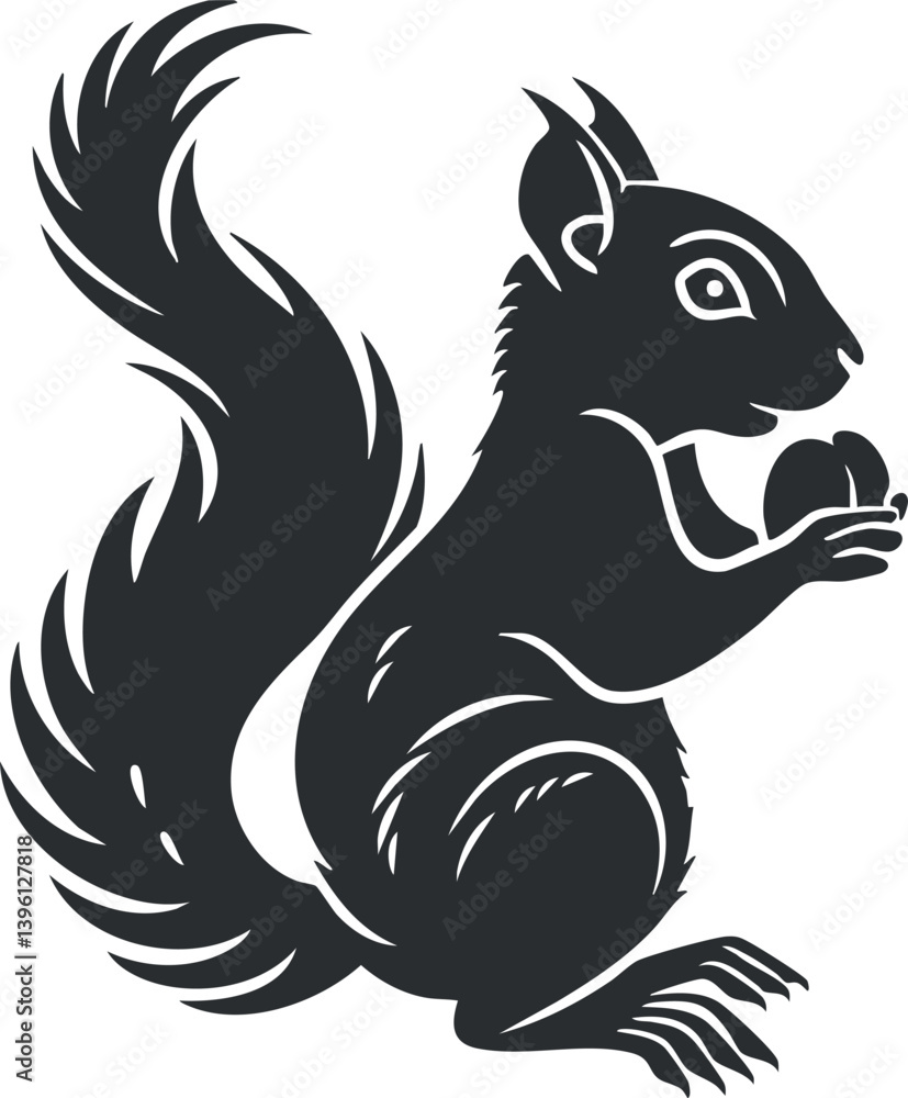 A playful squirrel silhouette holding a nut in its paws, perfect for wildlife illustrations. A playful squirrel silhouette holding a nut in its paws, perfect for wildlife illustrations.