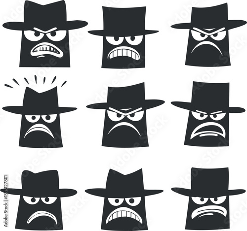 Collection of nine expressive black hat characters showing various angry emotions and moods