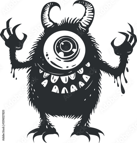 A whimsical black and white illustration of a cartoon monster with one eye and claws.