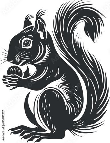 A stylized black and white illustration of a squirrel holding a nut in its paws.