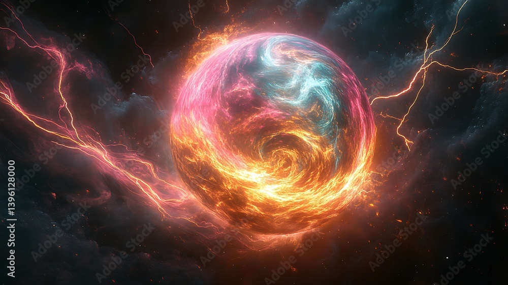 A massive glowing sphere of pure plasma, radiating swirling waves of pink, cyan, and golden energy, suspended in a black void with intricate tendrils of electricity, A massive glowing sphere of pure plasma, radiating swirling waves of pink, cyan, and golden energy, suspended in a black void with intricate tendrils of electricity,