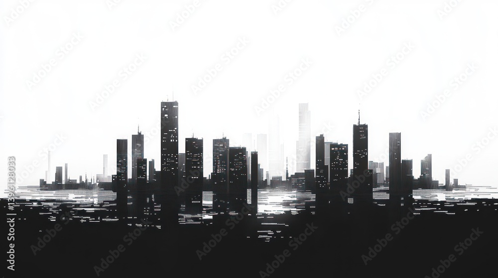 Naklejka premium Monochrome city skyline, sunrise, urban landscape, design element