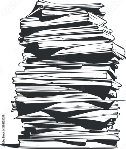 A tall stack of disorganized papers and documents representing office work and paperwork.