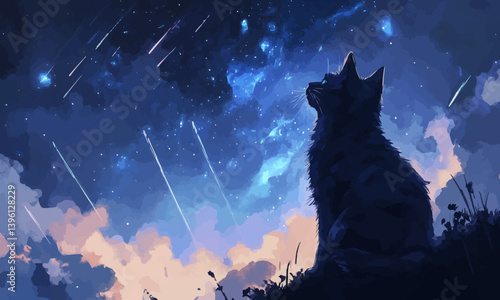 A cat with a cloak made of nebula-like patterns, sitting under a sky filled with shooting stars.