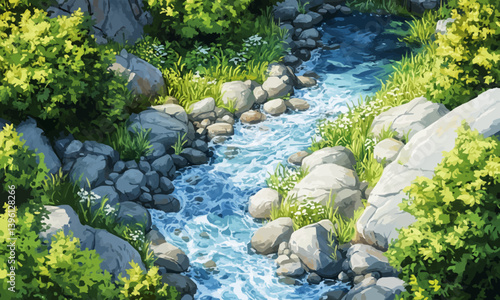 A cartoon river flows from a narrow riverbed into the sea or a pond, bordered by rocks, grass, and bushes. This landscape illustration depicts a summer valley with a scenic stream.