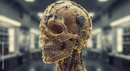 Biomechanical AI Mind, Cybernetic Human Evolution, Organic Machine Fusion, Futuristic Neural Implants, Sci-Fi Transhumanism