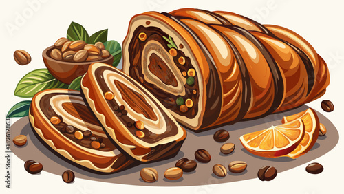 Sliced homemade traditional Romanian sweet bread named "cozonac" with a filling of cacao, raisins and various nuts. Eastern European freshly baked