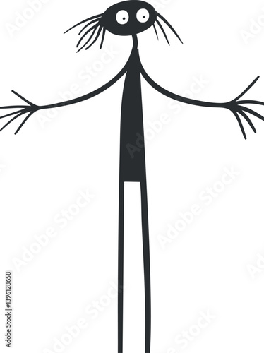 A whimsical black and white cartoon character with long limbs and a playful expression.