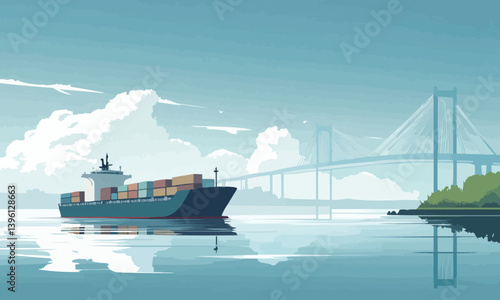A container ship navigates through calm waters, approaching a modern bridge, symbolizing maritime trade and infrastructure.