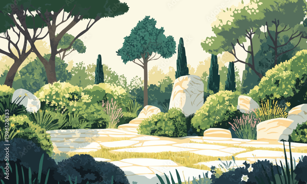 A contemporary cartoon illustration of a summer forest scene, showcasing a landscape of trees, bushes, stones, and sunlight in a nature park or garden setting