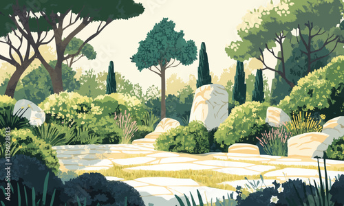 A contemporary cartoon illustration of a summer forest scene, showcasing a landscape of trees, bushes, stones, and sunlight in a nature park or garden setting