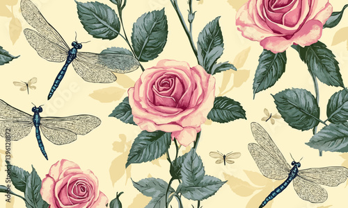 A continuous pattern of pink roses and dragonflies against a light yellow backdrop with a botanical theme.