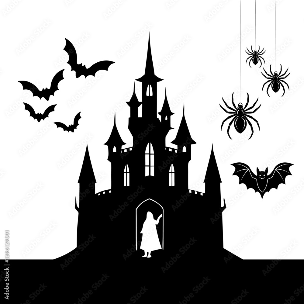 Halloween night vector illustration shows a dark, old castle silhouette with a spooky moon in a fantasy design Halloween night vector illustration shows a dark, old castle silhouette with a spooky moon in a fantasy design