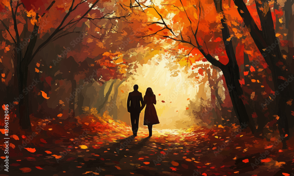 A couple walking together through a forest path covered with autumn leaves.