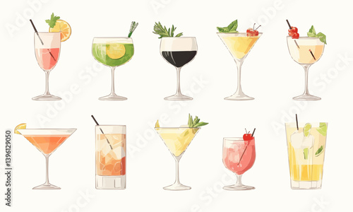 A collection of cocktails in various glasses, each filled with different drinks. The setting suggests a stylish and relaxed social event.