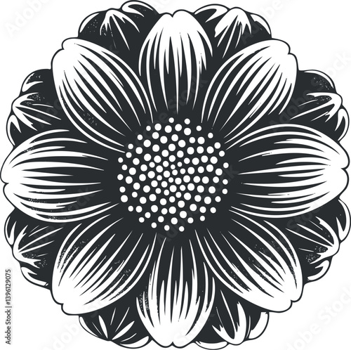 A detailed black and white illustration of a flower with textured petals and a dotted center.