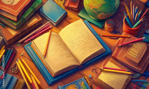 A colorful educational background with elements like books, pencils, and a globe, a book cover style